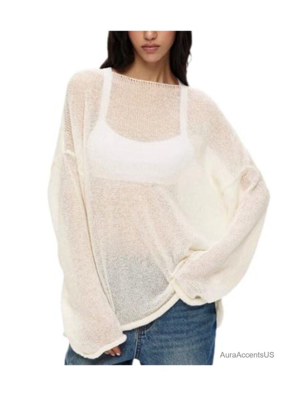Women's See Through Mesh Pullover Sweater, Long Sleeve, Crew Neck, Lightweight